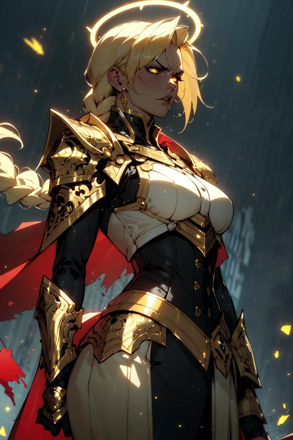 cowboy shot of paladin lady, ornate golden armor, white breastplate, black corset, golden ornate pauldrons, blonde hair, braid, torn red cape, glowing yellow eyes, glowing halo, angry, night, rain, golden holy aura glow, particles,  