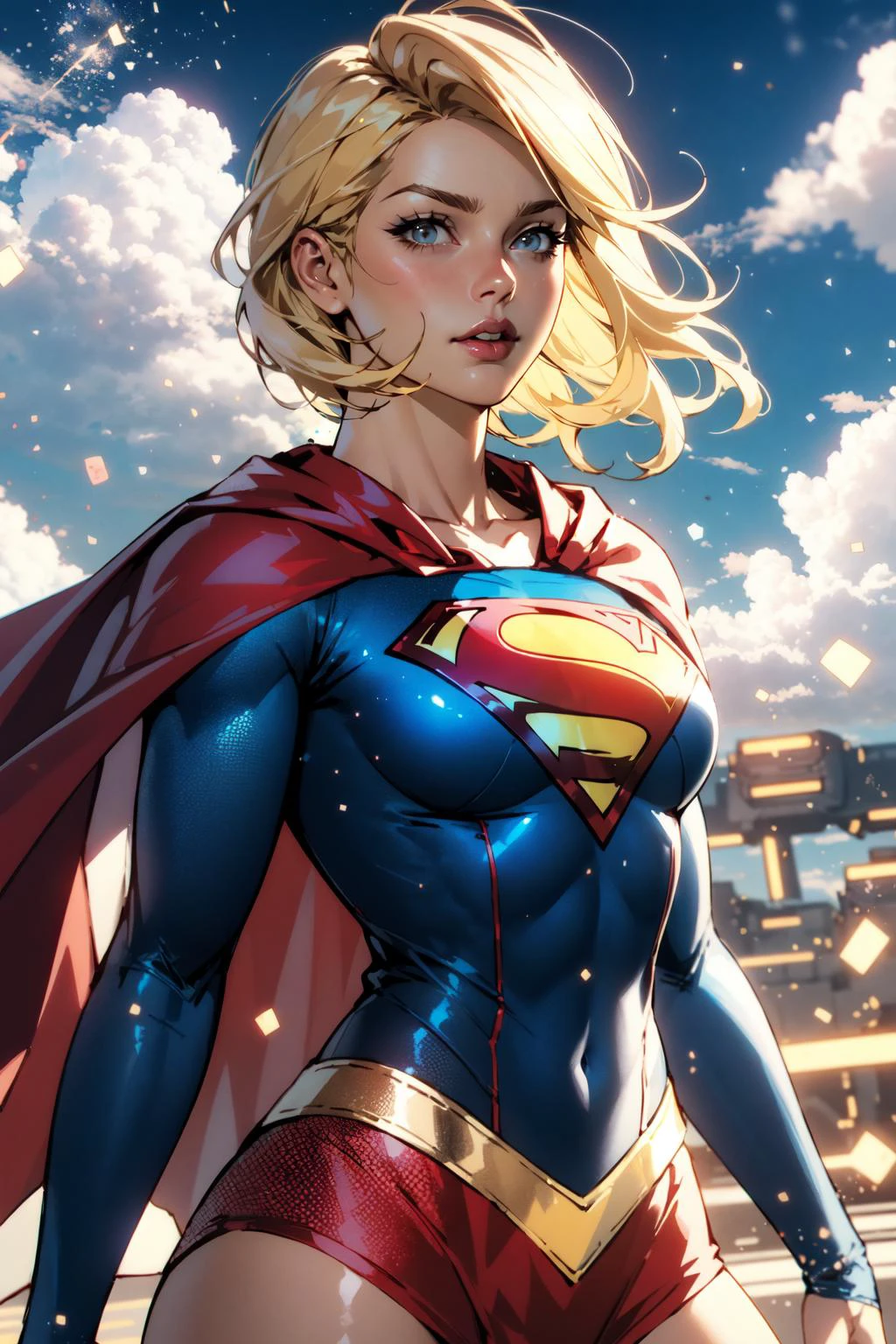 nijistyle, cowboy shot of supergirl, blonde hair, cape, particles, clouds, sky 