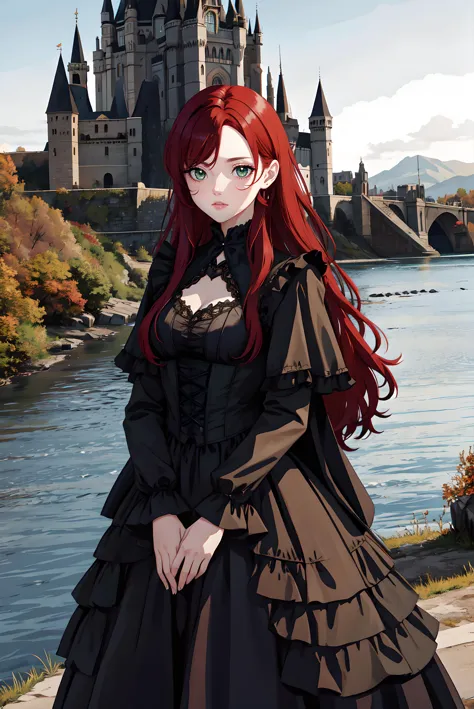 a close up of a woman in a dress near a castle