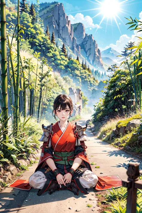 1girl, fullbody, sitting, slim, (bamboo trees), kabuto, red samurai armor, misty air, strong sunlight, mossy path, mountain vill...