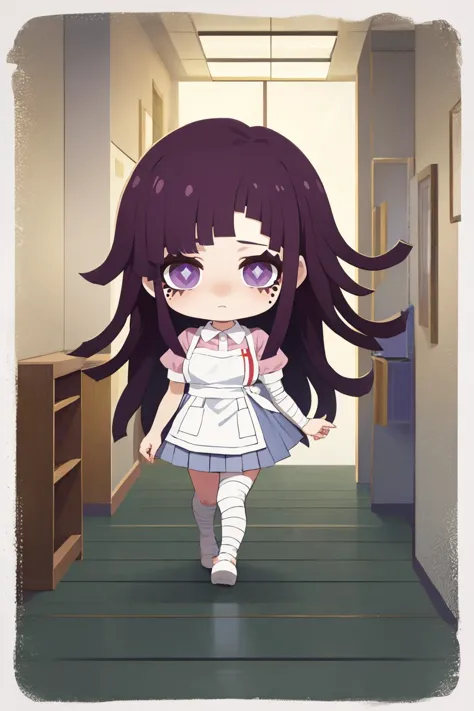 a cartoon girl in a school uniform walking down a hallway