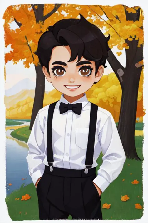 a cartoon boy in a bow tie and suspenders standing in front of a tree