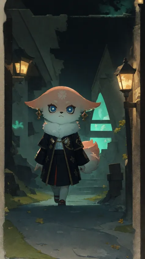 (masterpiece, best quality, high resolution,detailed:1.3), girl YaeMikoFox  , (fully clothed:1.2), glowing eyes, (looking down:1.2), bioluminescence, walking towards, (castle background:1.1), detailed face,border, chibi