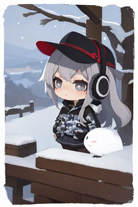 a cartoon girl with headphones and a baseball cap sitting on a bench