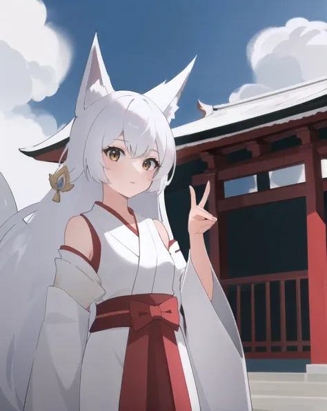 1girl, fox girl, white fox ears, white hair, shrine background, (miko outfit), <lora:Saya-fox shadow puppet4:1> fox shadow puppet, double fox shadow puppet