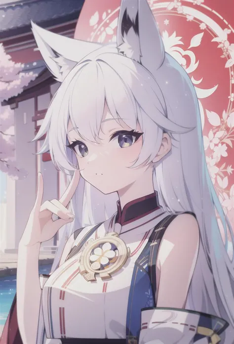 best quality, ultra detailed, absurdres, 1girl, solo, (miko outfit), fox ears, white hair, long hair, fox shadow puppet,single fox shadow puppet, shrine background