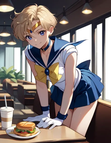 sailor girl in uniform with a hamburger and a drink