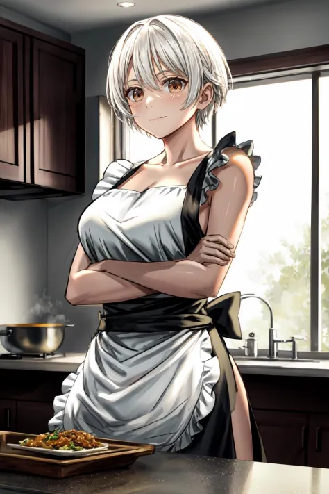 solo, MiyAtt, white hair, BREAK, naked, BREAK, (apron:1.4), pronounced feminine feature, busty, kitchen
