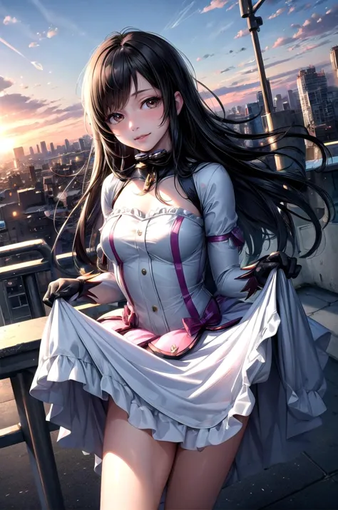 a woman in a dress standing on a ledge with a city in the background