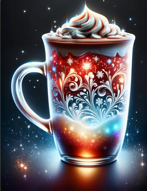 <lora:SDXLRedGlitter:0.6> RedGlitter, Highly detailed Dynamic shot of a transparent frosted glass mug of hot chocolate, extremel...