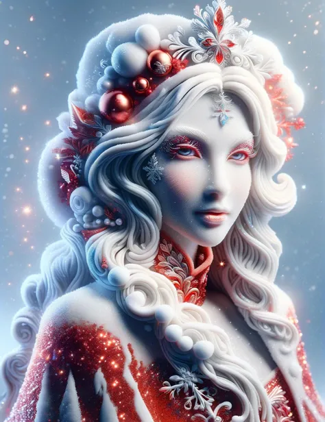 <lora:SDXLRedGlitter:0.6> RedGlitter, <lora:SDXLFestiveSnow:1> SnowStyle, a portrait of a beautiful snow maiden