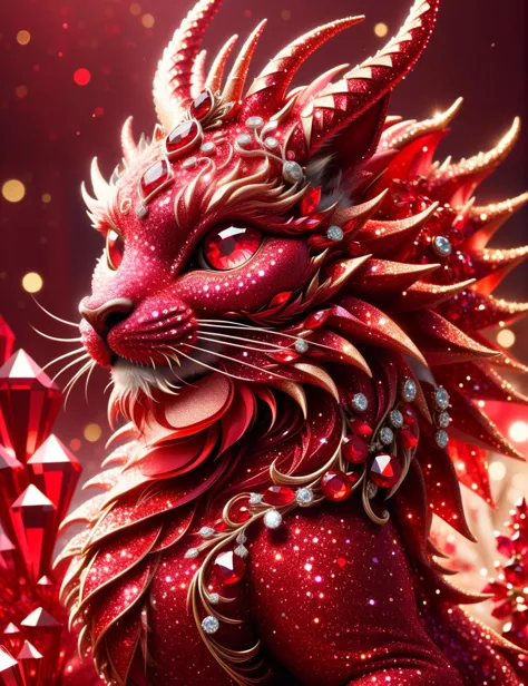 RougeGlitter, photo dynamique d&#39;un beau rubis rouge et (diamants:1.2) dragon à écailles|chat hybride, (Beaux yeux, près:1.3), macro, créature mythologique, Monde imaginaire, Noël festif,