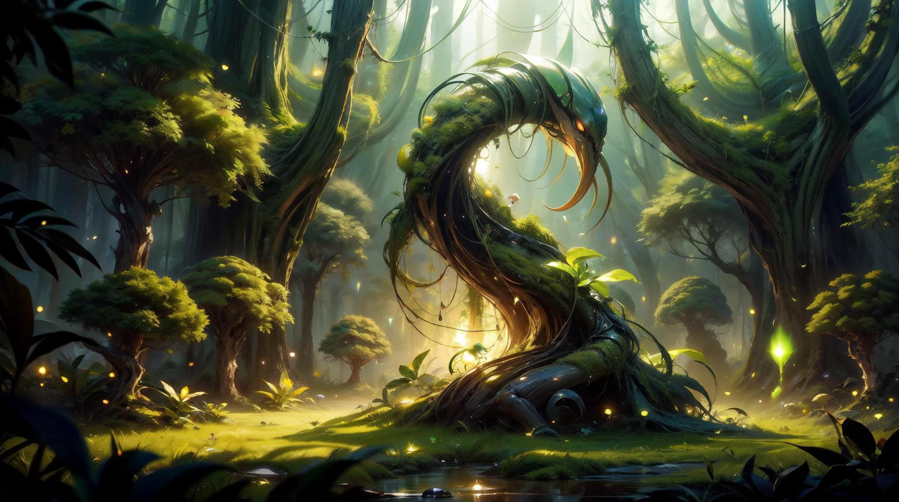 (masterpiece, high quality, full screen), [(full body:0.2)::0.1] (photo of a giant vegetal [magical being:tree creature:0.6] Ascending in a lush forest:1.4), ([Insectoid:Crustacean:0.4] with many body shape:1.6), (Tangled Fluorescent skin:1.3), (one Gamboge Raceme flowers on the head:1.1), ([practicing Plant Growth Manipulation|Sitting with legs crossed, appearing relaxed and open-minded pose]:1.3), (Blue Hour lighting:1), naturemagic, MAGICAL ENERGY, U61yCre4ture, (Full body Shot, Shallow Focus Shot, Low Angle Shot:[1.2:0.5:0.1]), heavily detailed, (asymmetric composition:1.5), (sharp focus), fakemtg