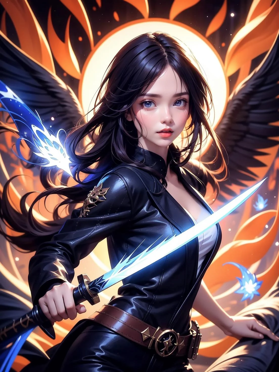 ((masterpiece, best quality)),a girl holding a sword, in the style of dark azure and light azure, mixes realistic and fantastical elements, vibrant manga, uhd image, glassy translucence, vibrant illustrations