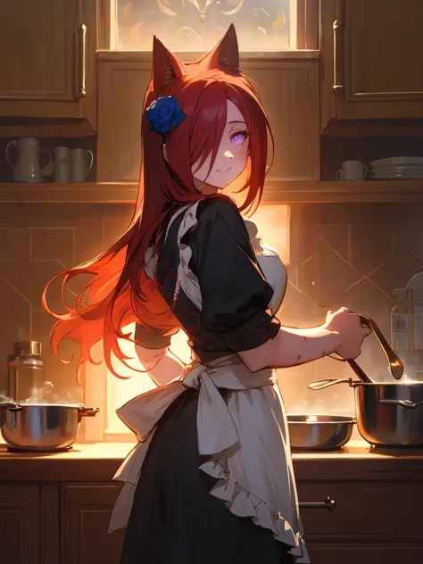 masterpiece,best quality,highres,cinematic lighting,dramatic angle,1girl,<lora:ShadowverseCeresV1-000014:0.8> ,red hair,long hair,animal ears,hair ornament,hair flower,black dress, hair over one eye,blue rose,(stitches:1.3),stitched,looking at viewer,smile,cowboy shot,purple eyes,scar,glowing eyes,extremely detailed background,indoors,cooking,apron,kitchen,turning head,looking back at viewer,depth of field,glowing,blush