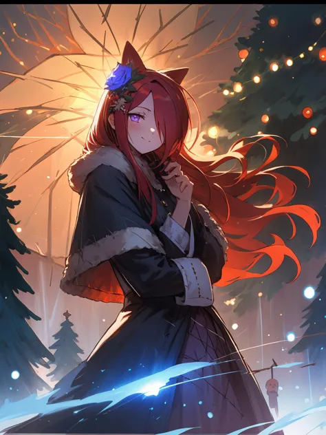 masterpiece,best quality,highres,cinematic lighting,dramatic angle,1girl,<lora:ShadowverseCeresV1-000014:0.8> ,red hair,long hair,animal ears,hair ornament,hair flower,black dress, hair over one eye,blue rose,(stitches:1.3),stitched,looking at viewer,smile,cowboy shot,purple eyes,scar,glowing eyes,extremely detailed background,winter,thick coat,holding christmas gift,christmas tree,lights,night,happycrowd,depth of field,glowing,blush