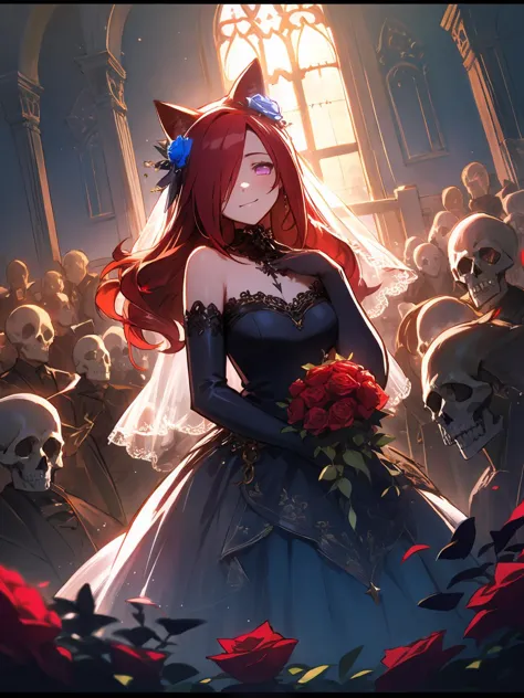 masterpiece,best quality,highres,cinematic lighting,dramatic angle,1girl,<lora:ShadowverseCeresV1-000014:0.8> ,red hair,long hair,animal ears,hair ornament,hair flower,black dress, hair over one eye,bare shoulders,(stitches:1.3),stitched,blue roses,garden,looking at viewer,smile,cowboy shot,purple eyes,scar,glowing eyes,extremely detailed background,wedding dress,veil,holding bunch of roses,church,skeleton,skull,crowd,depth of field,glowing,blush,detached sleeves