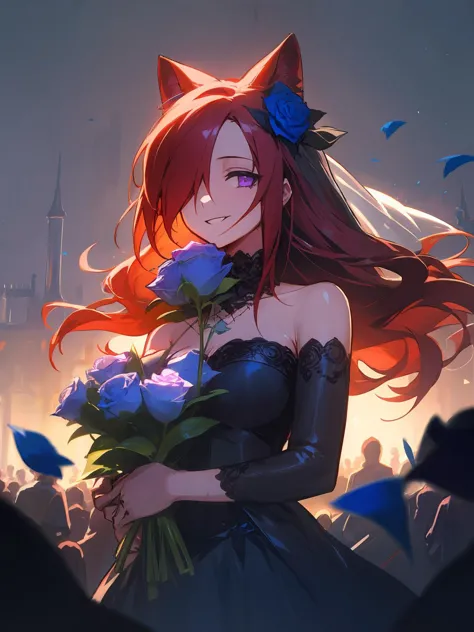 masterpiece,best quality,highres,cinematic lighting,dramatic angle,1girl,<lora:ShadowverseCeresV1-000014:0.8> ,red hair,long hair,animal ears,hair ornament,hair flower,black dress, hair over one eye,bare shoulders,(stitches:1.3),stitched,blue roses,garden,looking at viewer,smile,cowboy shot,purple eyes,scar,glowing eyes,extremely detailed background,wedding dress,holding bunch of roses,church,skeletons,crowd,portrait,close-up,depth of field-