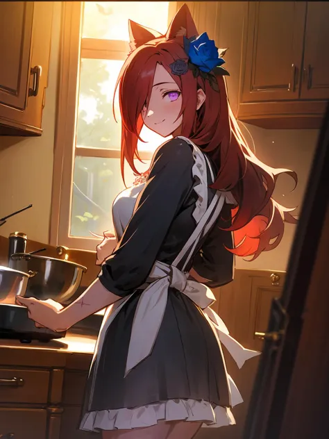 anime girl in a kitchen with a cat ears and apron