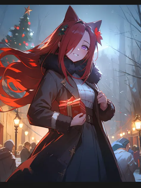 anime girl with red hair and a black coat holding a present