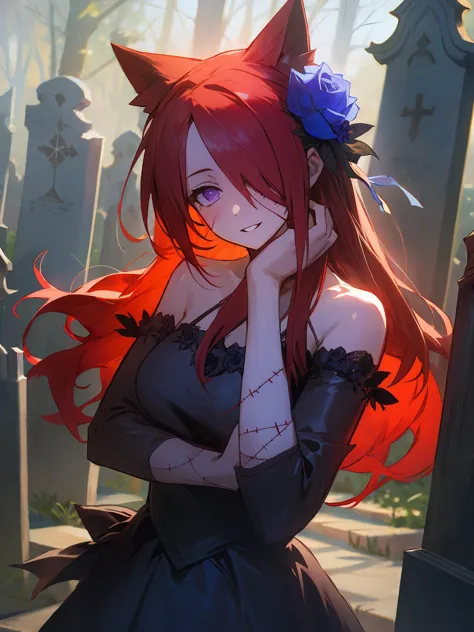 masterpiece,best quality,highres,cinematic lighting,dramatic angle,1girl,<lora:ShadowverseCeresV1-000014:0.8> ,red hair,long hair,animal ears,hair ornament,hair flower,black dress, hair over one eye,blue rose,detached sleeves,(stitches:1.3),stitched,looking at viewer,smile,cowboy shot,purple eyes,scar,extremely detailed background,graveyard,grave stones,tombstones,blood,yandere,tomb,bare shoulders,depth of field,glowing,blush,evil smile,shaded face,(depth of field:1.2),parted lips,empty eyes,hands on own cheek