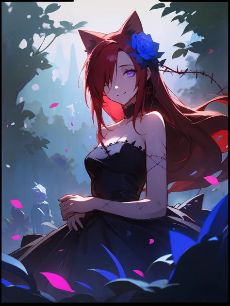 anime girl with long red hair and blue flower in her hair