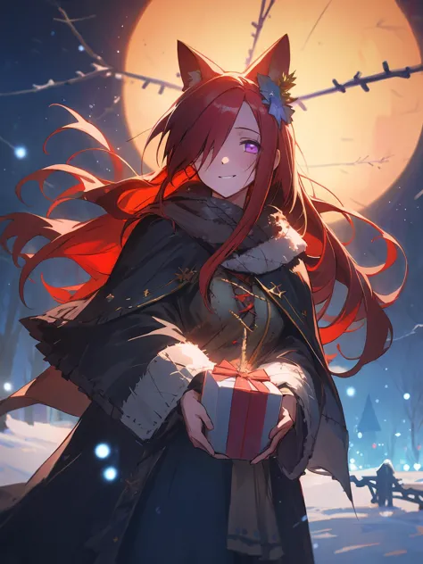 masterpiece,best quality,highres,cinematic lighting,dramatic angle,1girl,<lora:ShadowverseCeresV1-000014:0.8> ,red hair,long hair,animal ears,hair ornament,hair flower,black dress, hair over one eye,(stitches:1.3),stitched,looking at viewer,smile,cowboy shot,purple eyes,scar,glowing eyes,extremely detailed background,winter,thick coat,holding christmas gift,christmas tree,lights,night,happycrowd,depth of field,glowing,blush