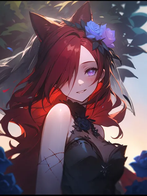 anime girl with red hair and cat ears and a rose in her hair