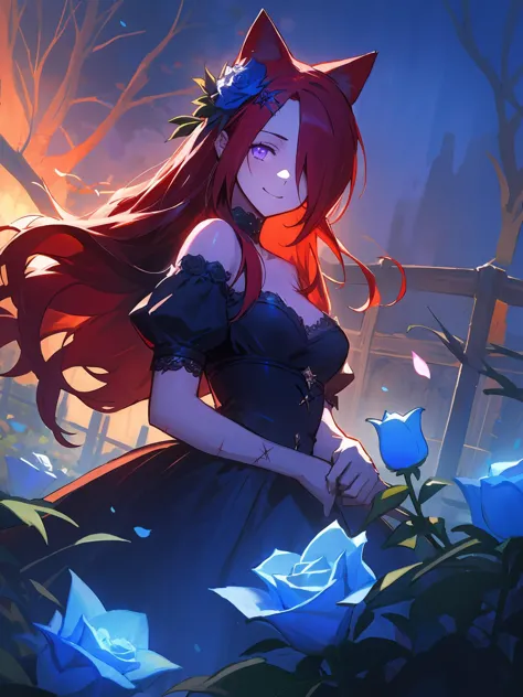 masterpiece,best quality,highres,cinematic lighting,dramatic angle,1girl,<lora:ShadowverseCeresV1-000014:0.8> ,red hair,long hair,animal ears,hair ornament,hair flower,black dress, hair over one eye,bare shoulders,(stitches:1.3),stitched,blue roses,garden,looking at viewer,smile,cowboy shot,purple eyes,scar,cat,glowing eyes,extremely detailed background