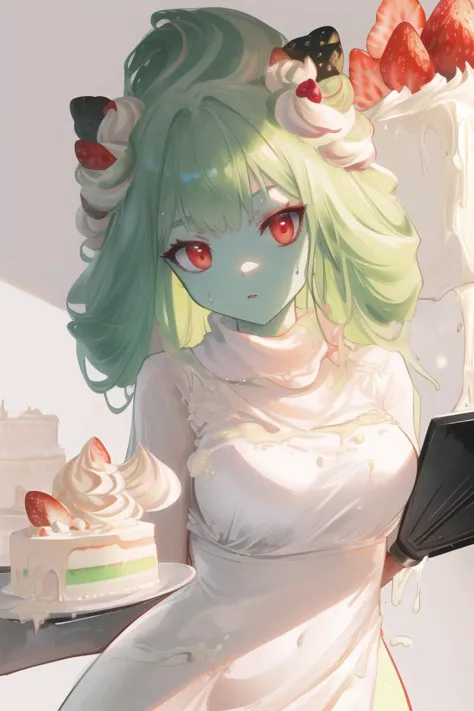 slime girl,skin made of cream,Matcha powder, (strawberry accessories),(green skin:1.3),(red eyes:1.1),(green hair:1.2),liquid hair, top with white cream, whipped cream around her, cake girl, alcremie,(kitchen:1.2),full body,(melted lower body:1.4), (large breasts, natural breasts, breast sag:0.7), sweat,melting legs, BREAK 
((cinematic light)), (colorful:1.2), hyper detail, dramatic light, intricate details, (best quality:1.2), highly detailed,Anime, Moe, illustration, (wallpaper, masterpiece, ultra-detailed, best shadow), (beautiful detailed face, beautiful detailed eyes), high contrast, (best illumination, an extremely delicate and beautiful),((very aesthetic)),uploaded on e621, explicit content,(detailed background:1.4),
<lora:Alcremie-08:1>