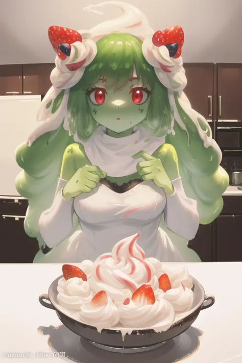 slime girl,skin made of cream,Matcha powder, (strawberry accessories),(green skin:1.3),(red eyes:1.1),(green hair:1.2),liquid ha...
