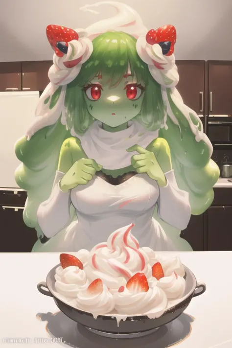 anime character with a bowl of whipped cream and a strawberry pie