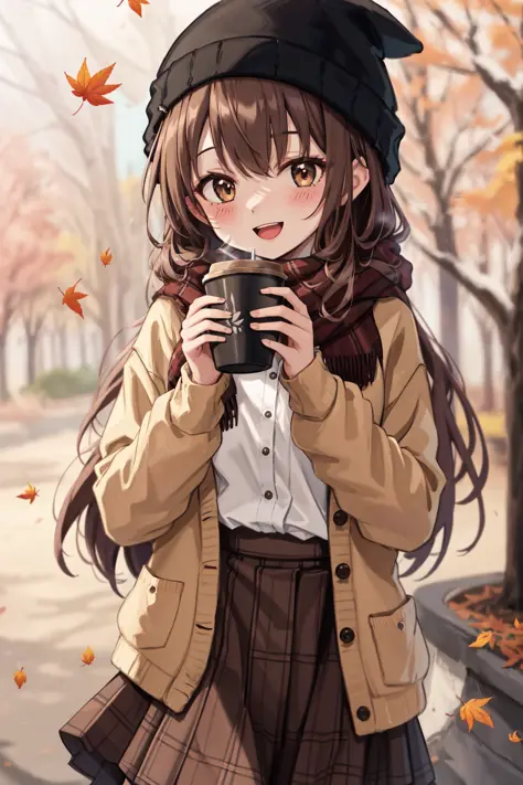 1girl, (\:d:1.0) autumn leaves, bangs, black headwear, blurry background, blush, brown eyes, brown hair, brown scarf, brown skir...