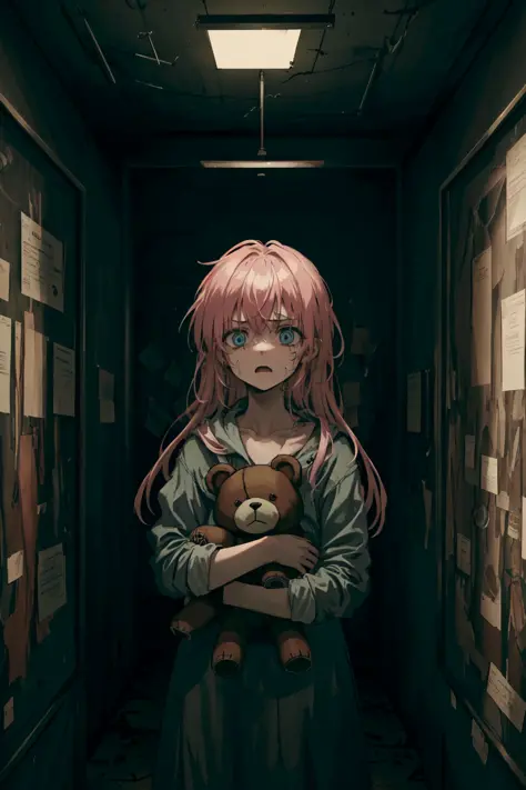 1girl, pink hair, blue eyes, (cowboy_shot:1.2), face focus, long hair, sidelocks, scared,(terrified:1.1) expression, holding teddy bear, atmospheric lighting, moody, darkness, in an old abandoned museum, transparent glass display cases filled with interesting objects, dusty, post-apocalypse, cobwebs, superb, beautiful 8k wallpaper, extremely detailed, intricate
