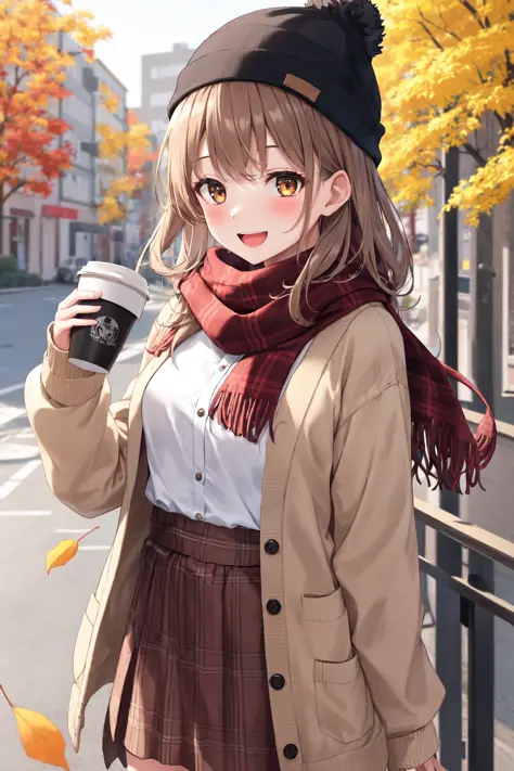 1girl, (\:d:1.0) autumn leaves, bangs, black headwear, blurry background, blush, brown eyes, brown hair, brown scarf, brown skir...