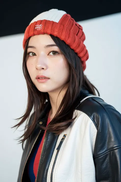 (
(8k:1.27), best quality, masterpiece, ultra highres:1.2) Photo of Pretty Japanese woman
 (beautiful:1.1) (sci-fi warrior woman:1.1) space soldier, (beanie:1.61) (leather jacket:1.21) intricate elegant, fantasy, detailed, ometric by greg rutkowski and alp...