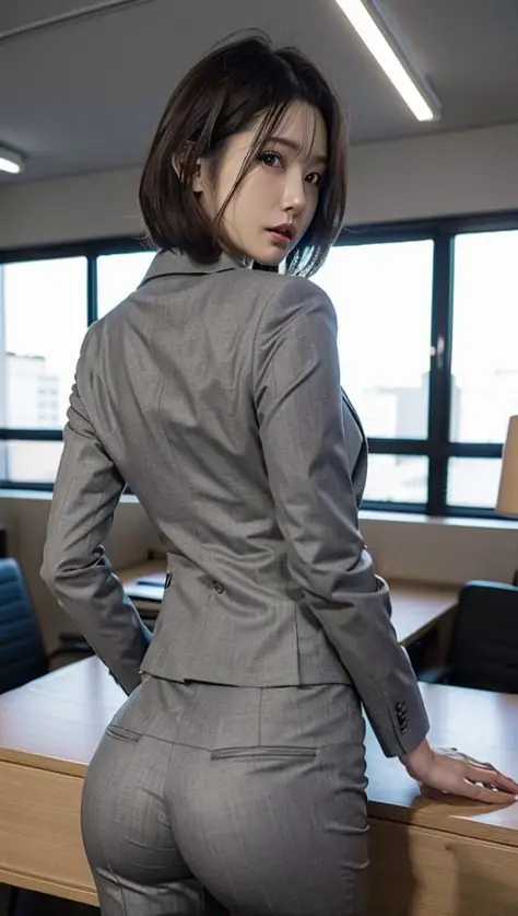 (Best quality, 8k, 32k, Masterpiece, UHD:1.2), 1girl, beautiy Japanese woman, narrow waist, grey suit, open jacket, <lora:LowRA:0.3>, office lady, <lora:pst_v1:0.5>,suit, pants, from behind, office room, desk,  <lora:DDcowfeet_v1:0.3>,(stick out one's butt...