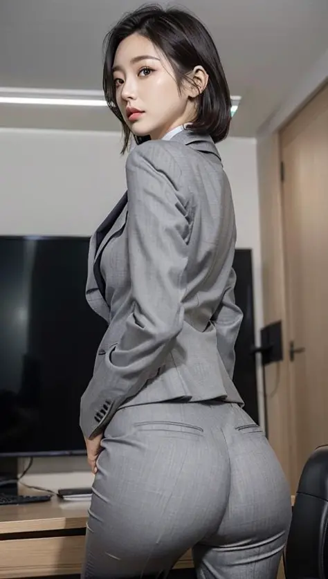 (Best quality, 8k, 32k, Masterpiece, UHD:1.2), 1girl, beautiy Japanese woman, narrow waist, grey suit, open jacket, <lora:LowRA:0.3>, office lady, <lora:pst_v1:0.5>,suit, pants, from behind, office room, desk,  <lora:DDcowfeet_v1:0.3>,(stick out one's buttocks:1.2), detailed face, short hair, <lora:Oriental_Beauty_2:0.3>, from below, raise one leg