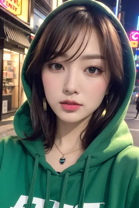 (Best quality, 8k, 32k, Masterpiece, UHD:1.2),Photo of Pretty Japanese woman, 1girl, (medium-short dark brown hair), large breasts, double eyelid, wearing green hoodie over head, hooded, hooded over head, pullover, necklace, earrings, looking at viewer, face the front, selfie, reaching out, outdoors, neon city, neon light