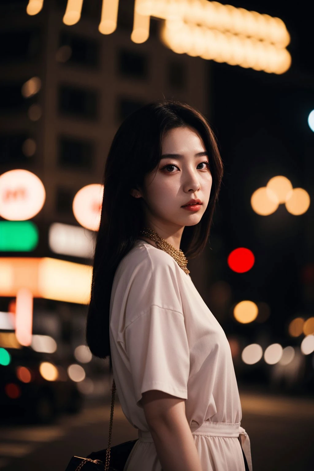 (电影美学:1.4) 一张美丽的韩国时装模特散景城市夜景的照片