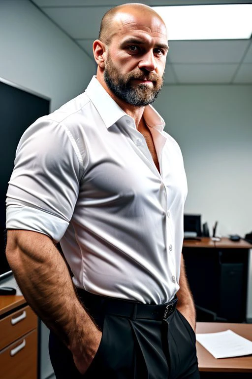  Hasselblad портрет 40-летнего красивого крепкого украинца, сильного волосатого мужчины, сильное боковое освещение, острый фокус, текстура кожи, чрезвычайно подробный, черные официальные брюки, открытая белая очень прозрачная рубашка, крепкое тело, в современном офисе, лысый, очень волосатое предплечье,