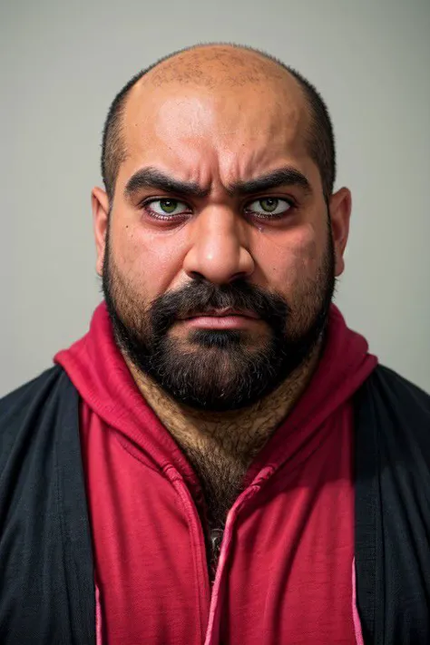 a close up of a man with a beard and a red hoodie