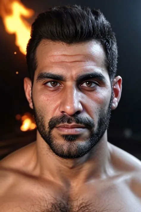 A hairy fit Syrian man, flames in the background, close-up face photo, sexy