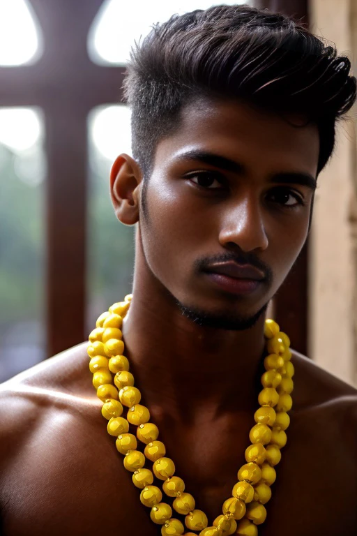 肖像+ 特写, (杰作)++, (泰米尔人+ 苗条 20 岁年轻男子), 暗黑皮肤, 面部聚焦, 动态姿势, 看着观众, 8K 超高清, 数码单反相机, 在印度寺庙里, 低角度, 模糊的背景