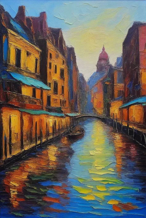 painting of a canal in a city with buildings and a clock tower