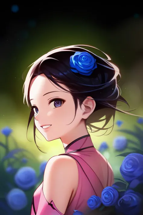 a woman in a pink dress with a blue rose in her hair