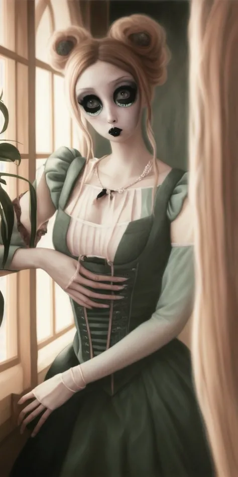 a close up of a woman in a green dress near a window