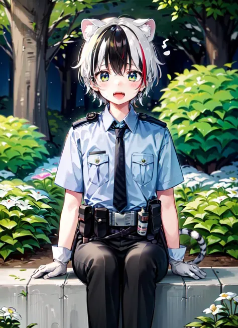 anime girl sitting on a wall with a cat ear and a police uniform