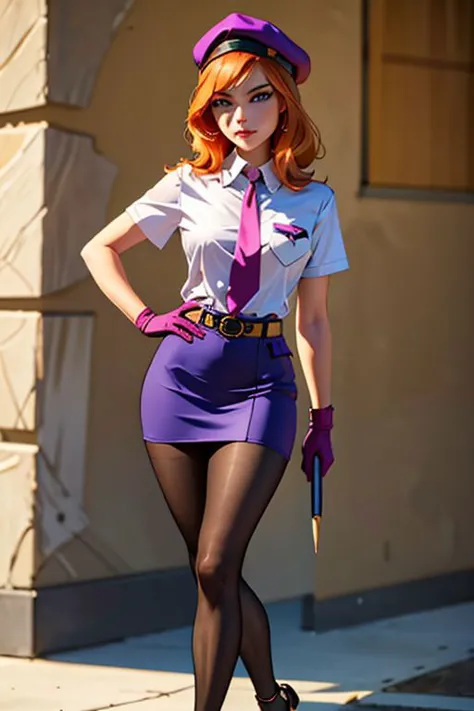 beautiful, masterpiece, best quality, ((adult)), extremely detailed face, perfect lighting, 1girl, solo, 
Daphne Blake
GCop, pocket, breast pocket, shirt, pants, uniform, belt,  short sleeves, collared shirt, shirt tucked in, pantyhose, skirt, gloves, necktie, pencil skirt,  olice hat, high heels, shoes, miniskirt