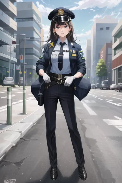 a woman in uniform standing on the street with her hands in her pockets